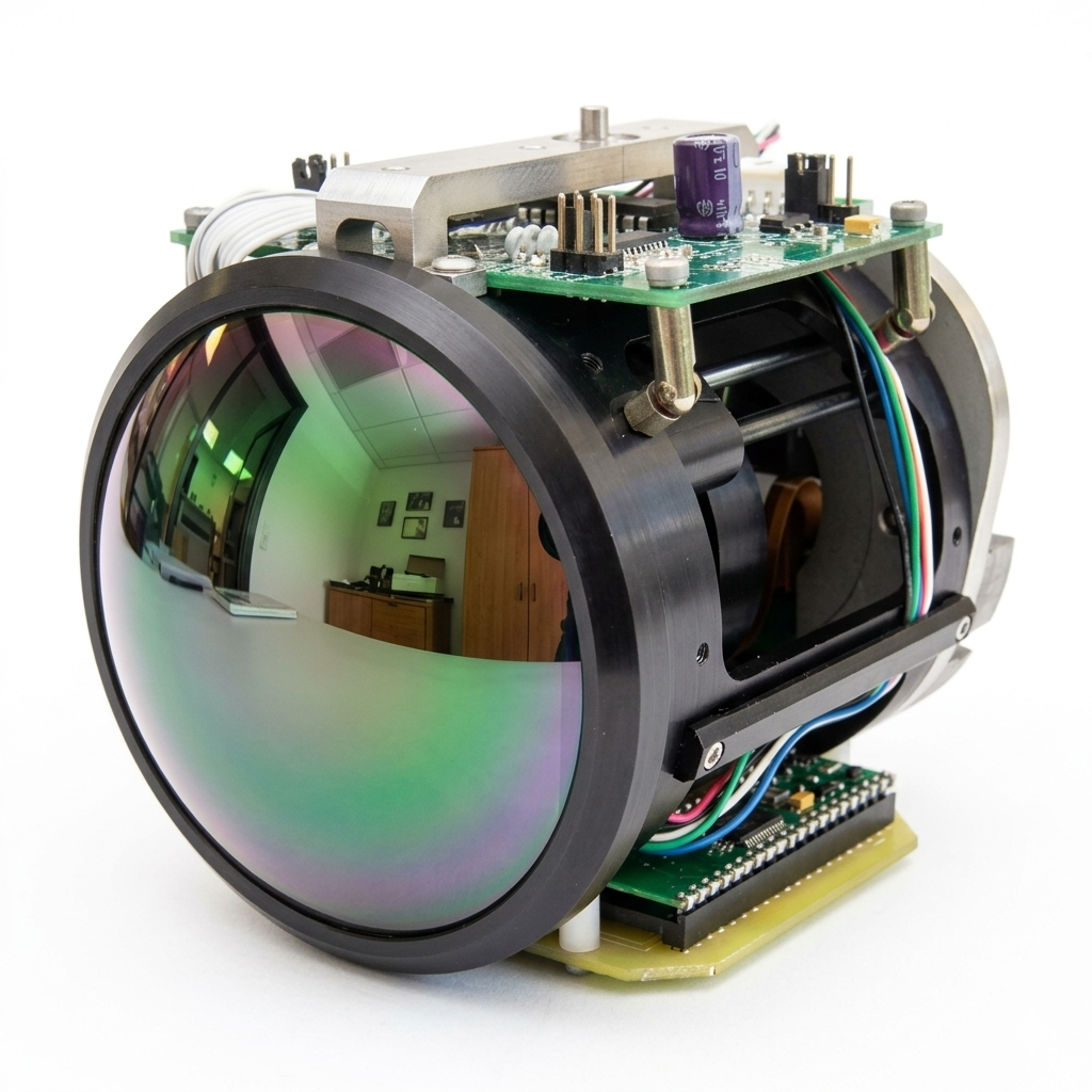 A close-up view of a scientific or technological instrument with a large, tinted, convex lens and electronic components on a circuit board mounted above, with wires and connectors visible.