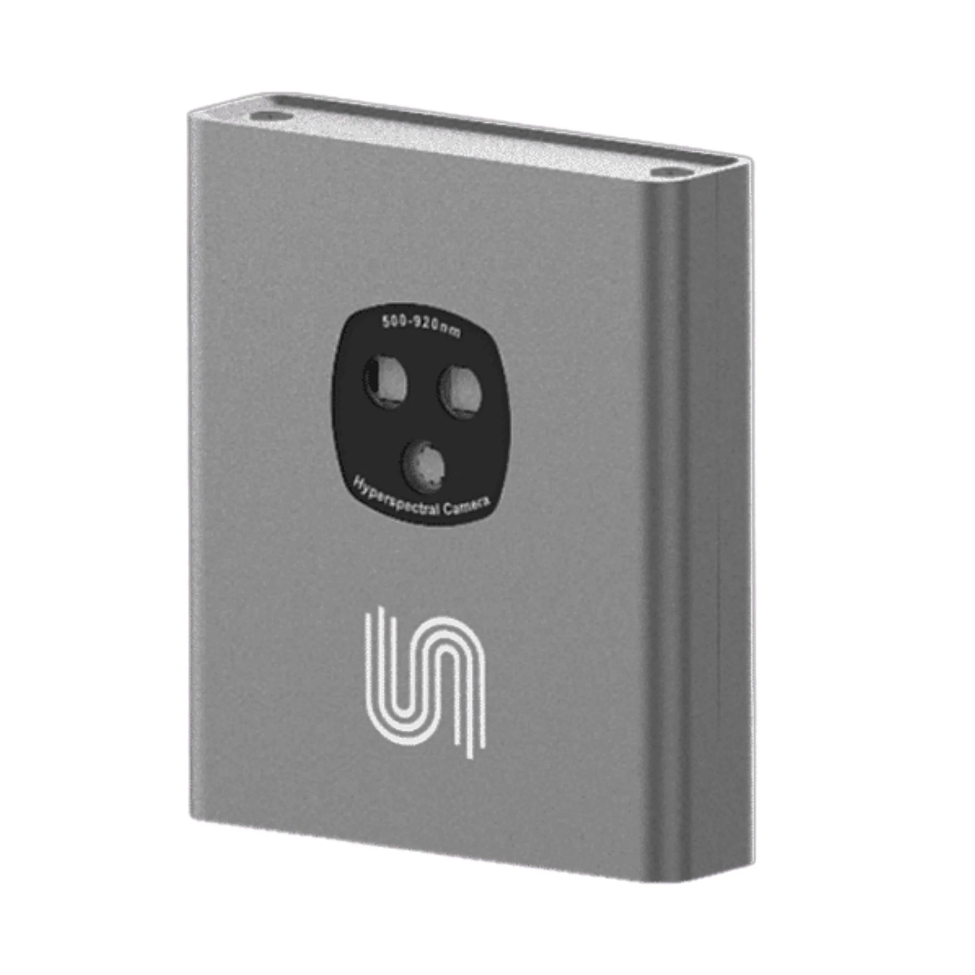 Gray rectangular device with a circular black label featuring sensor specifications and a logo.