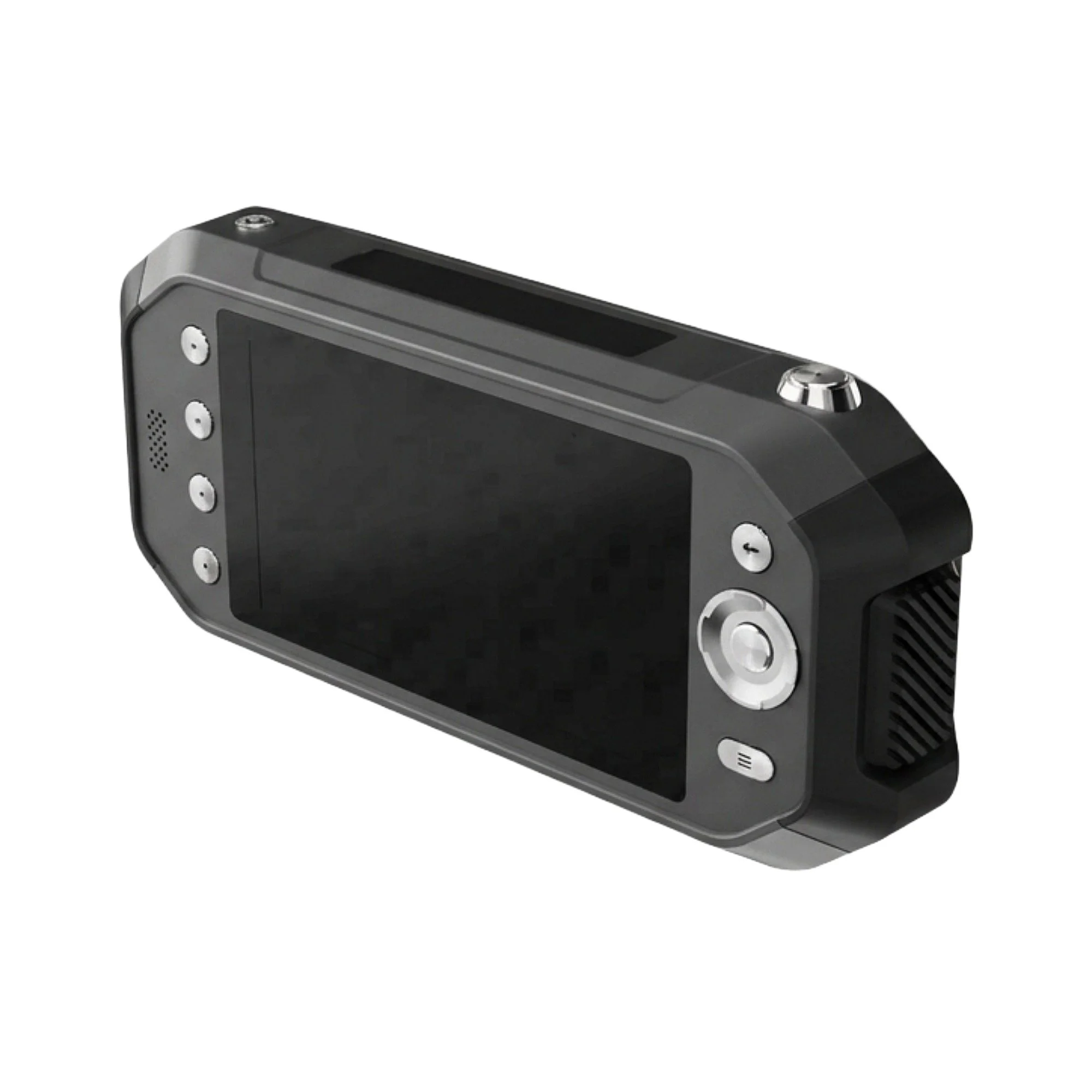 Black and gray digital camera with buttons and a large screen on the back