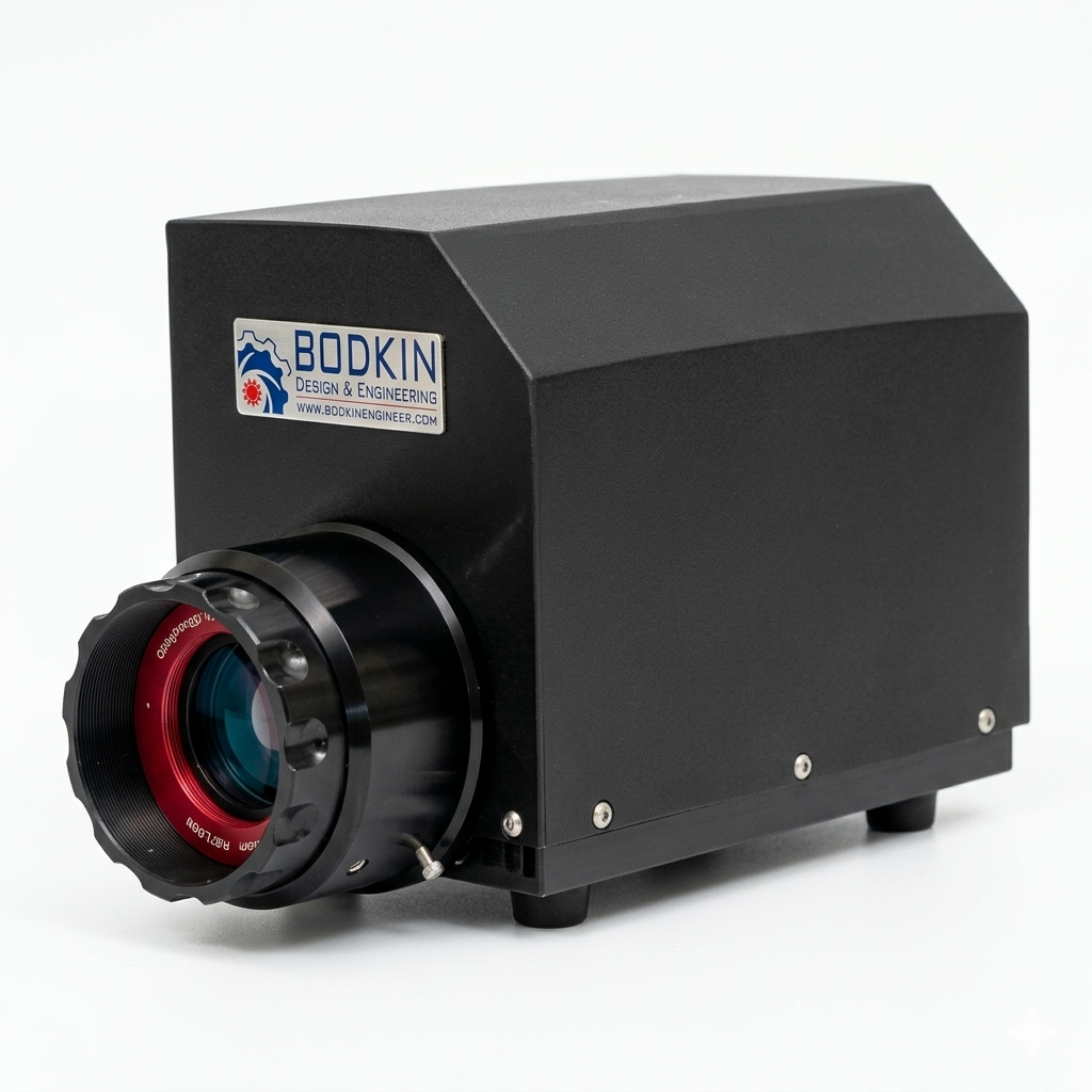 A black industrial optical device with a large lens, labeled with a sticker from BODKIN Design & Engineering.
