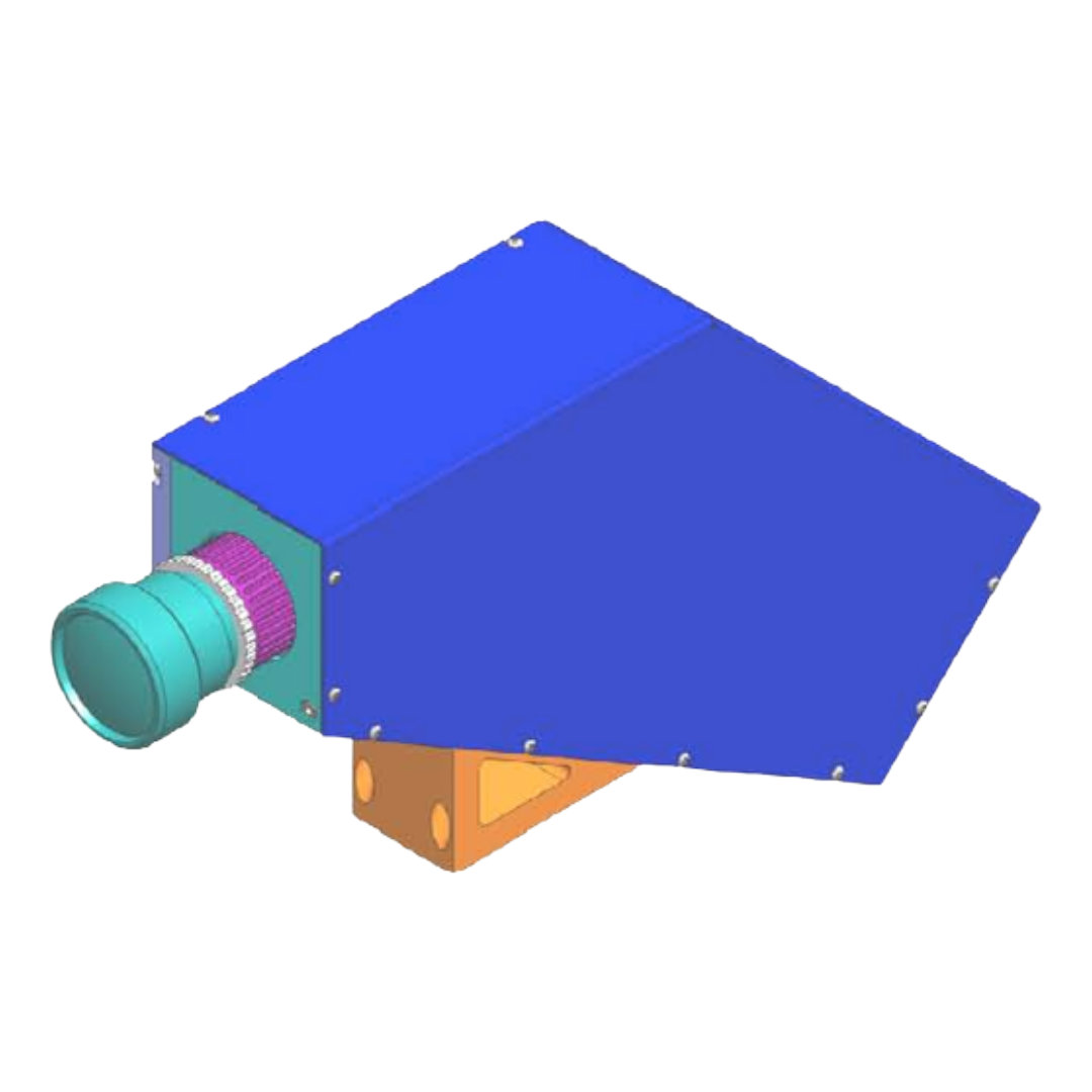 A digital illustration of a mechanical or electronic device with a blue rectangular body, a purple circular component on the side, and an orange mounting bracket.