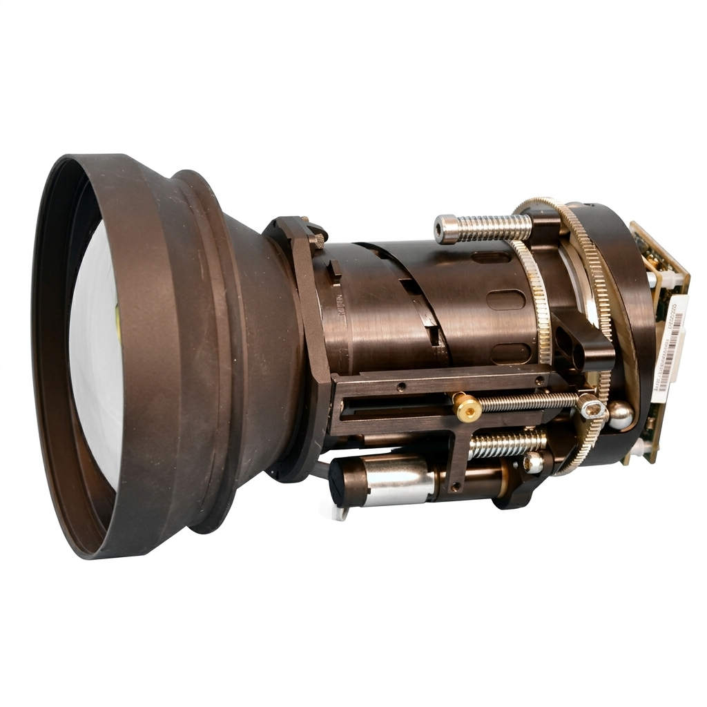 A detailed close-up of a mechanical device, likely a projector or scientific instrument, with various metal components, gears, screws, and a large lens or mirror on one end.