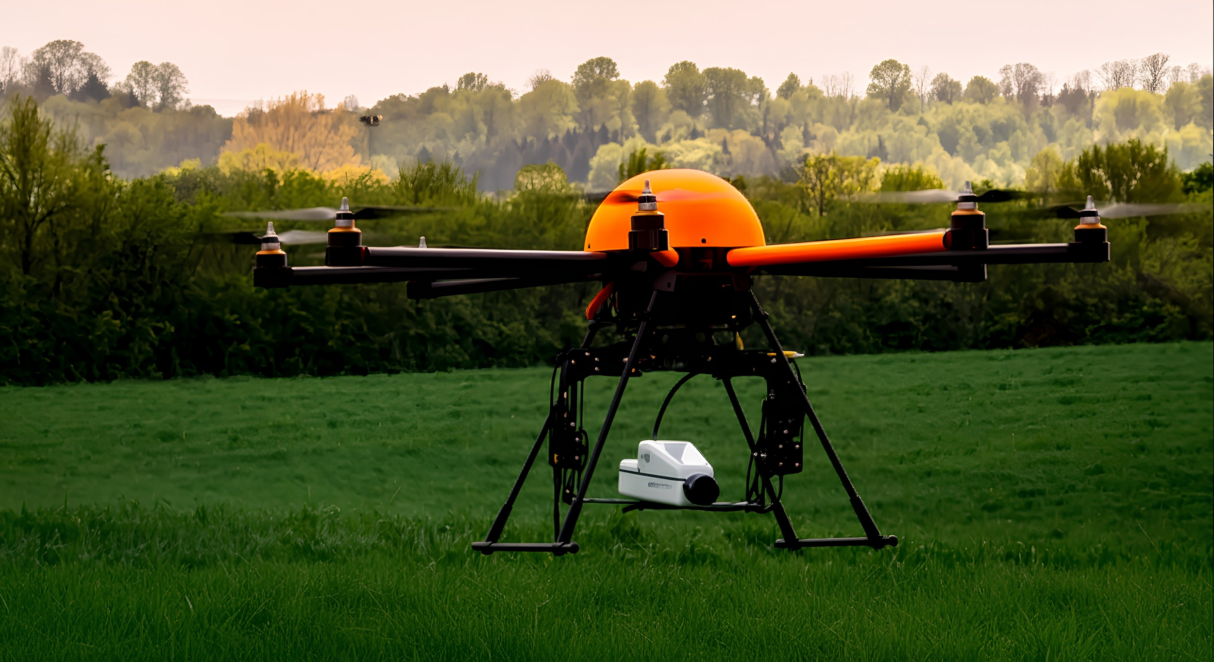A drone with an orange dome and black body flying over green grass with trees and hills in the background at sunset.
