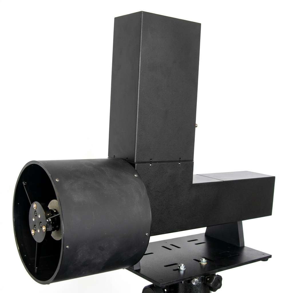 Black scientific or industrial device with a large cylindrical component on the left and a tall rectangular section on the right, mounted on a black base.