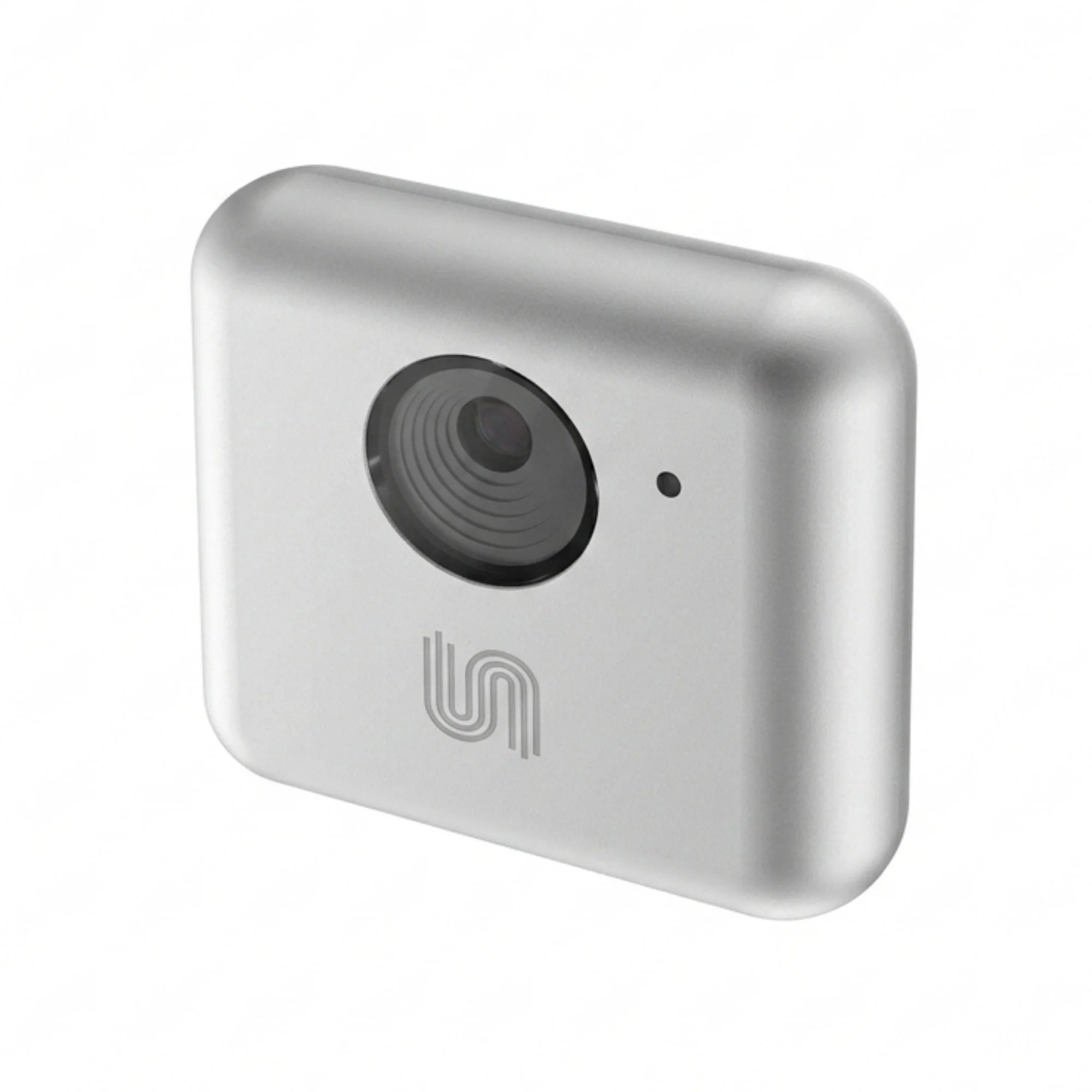 A silver rectangular camera with a large round lens and a small black dot next to it, featuring a logo with a design of three parallel lines.