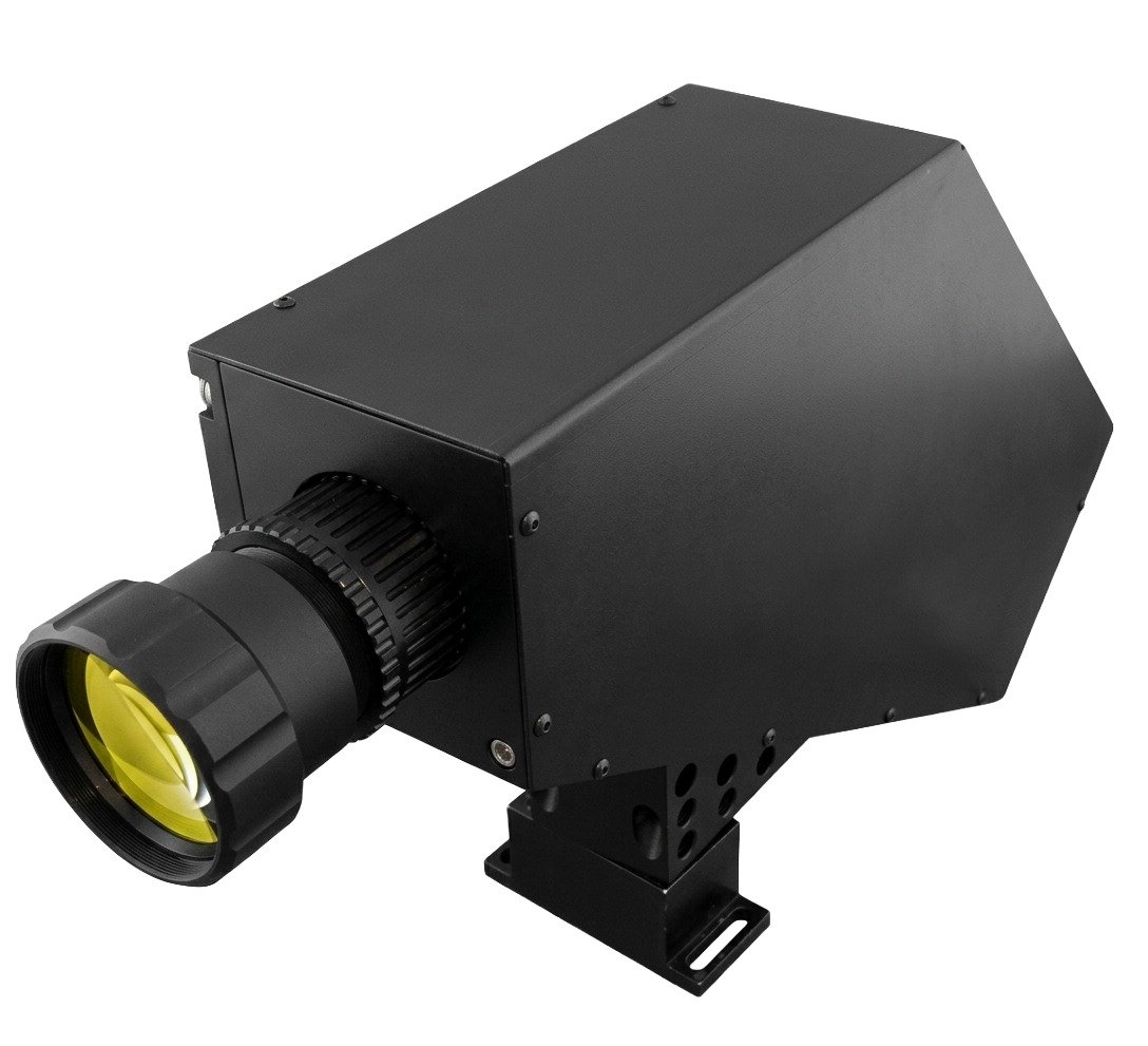 A black industrial camera with a large lens and mounting bracket.