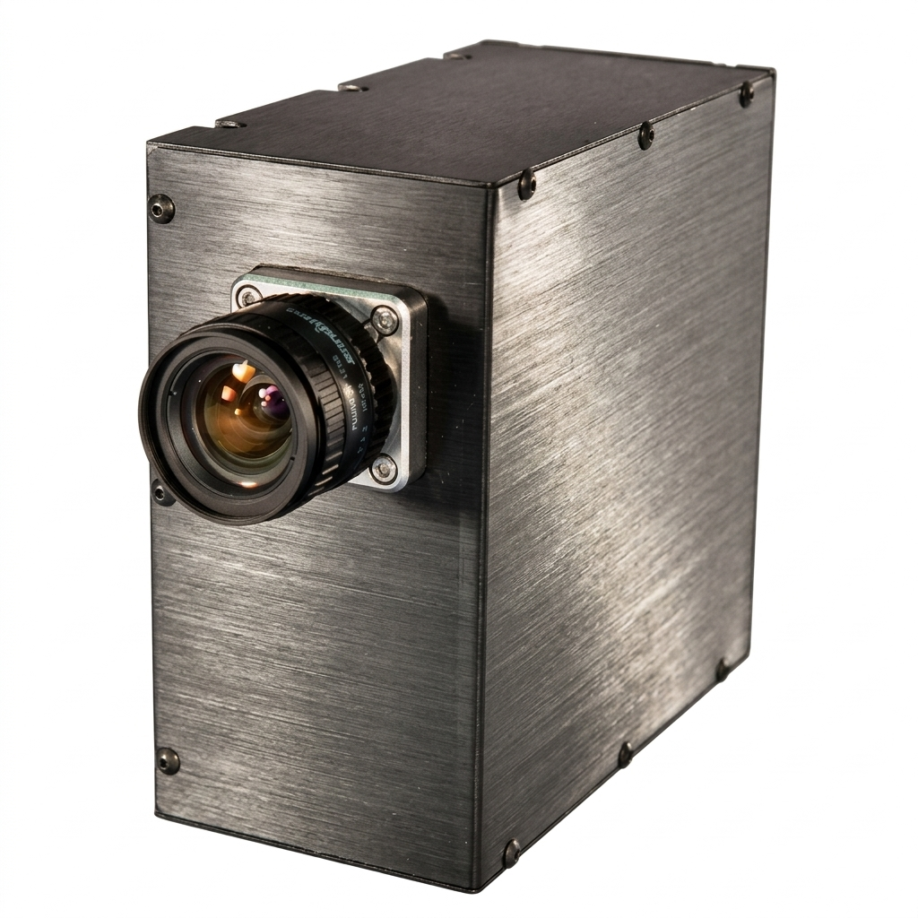 A black square-shaped camera with a large lens protruding from the front side.