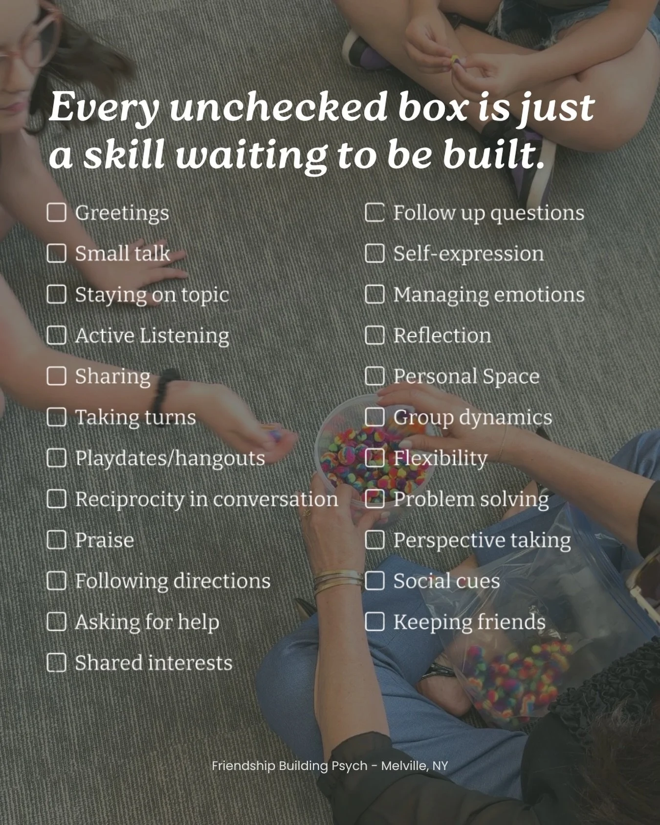 During our younger-aged social skills groups, while learning these skills, every time a child raises their hand, waits their turn, handles losing without falling apart &mdash; they earn a pom pom.

When the jar is full at the end of group, everyone g