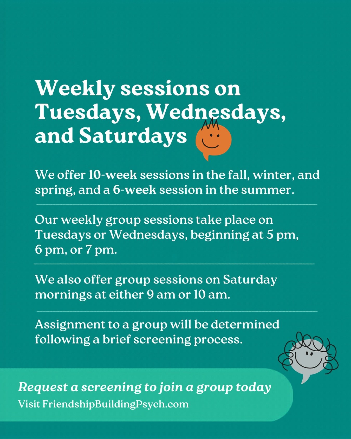 Our Friendship Building social skills groups are led by certified and/or licensed professionals who specialize in meeting the needs of children and teens.

We&rsquo;re conveniently located on Long Island in Melville.

Led by Dr. Kristin Schmermund an