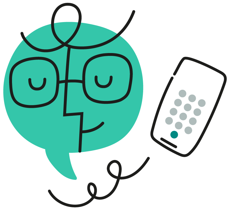 a cute graphic chat bubble face holding a phone