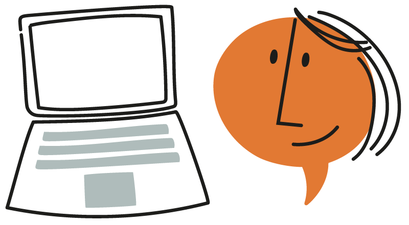 a cute chat bubble face holding a laptop