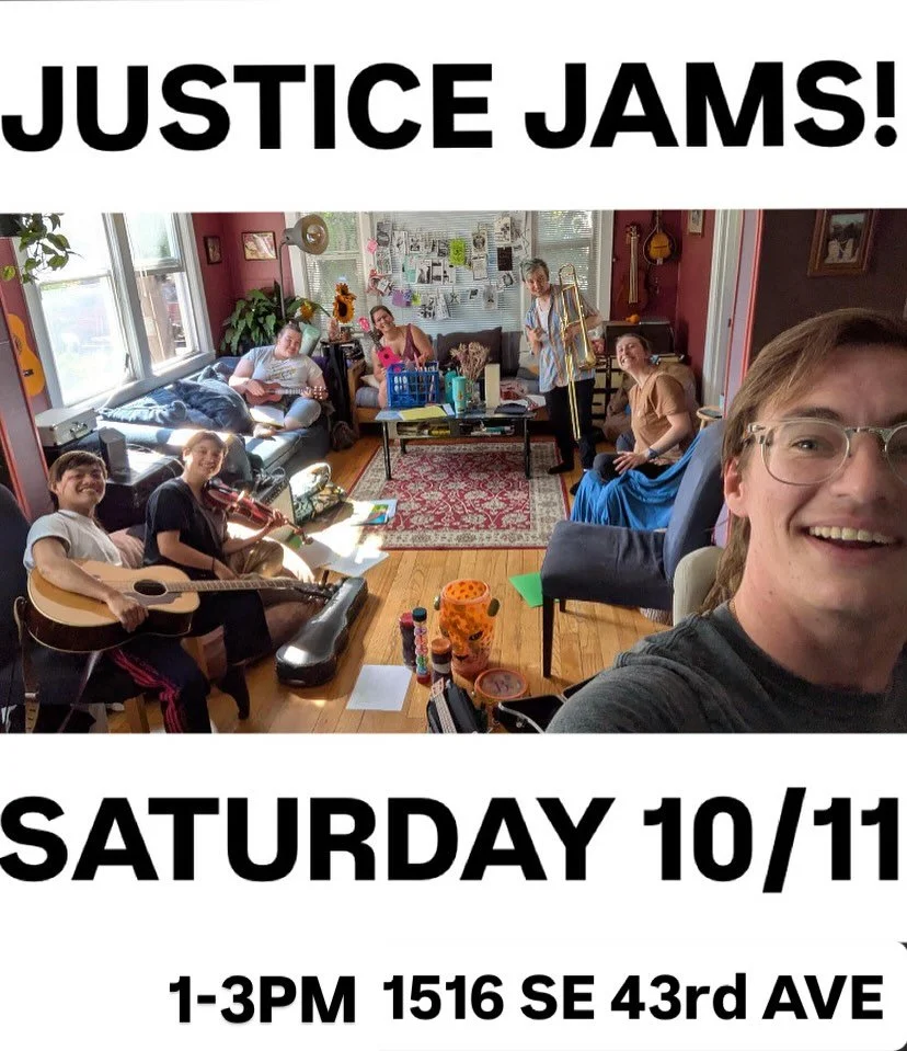 Thanks to all who came out for the last Justice Jams! Two folks even brought original pieces for the group to play together, and of course classic protest songs pulled from the archives. This is a space to unify; to find our collective voice; to stan