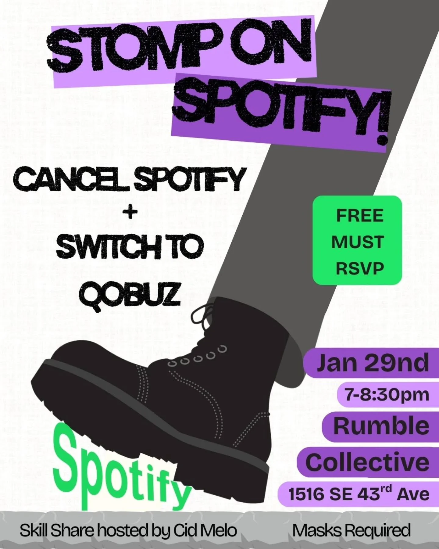 We've got ONE MORE event to add to our January calendar!

To wrap up the month, come join us while we cancel our Spotify accounts and switch to Qobuz!

We'll be guiding folks through the process of canceling their Spotify account, getting started wit
