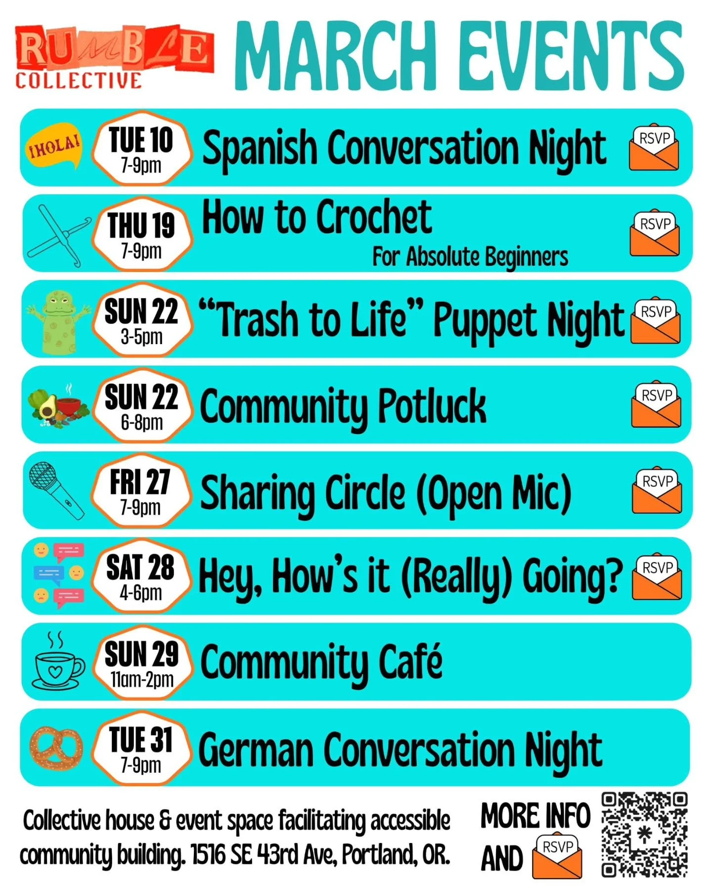 Happy March! 
📆 Here's the calendar. 
Please note the changes to the conversation nights for this month. 
Visit our bio for all the rsvp links. 
Can't wait to rumble soon!