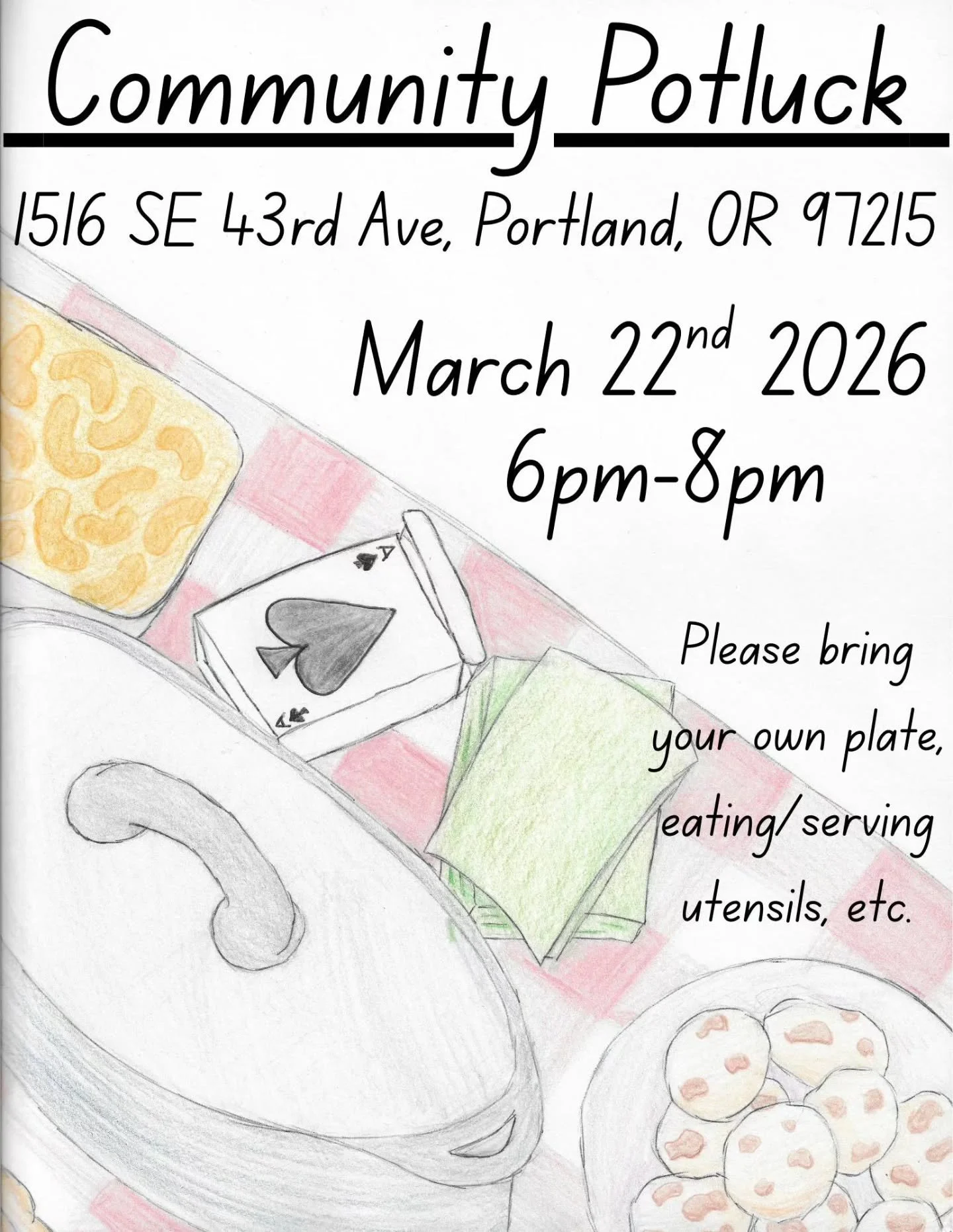 Come enjoy food &amp; company while sharing your own recipes at our Community Potluck on March 22nd! Please bring your own plate, eating/serving utensils, etc. This potluck is RSVP and is hosted by the Community Discord Server! 

The Community Discor