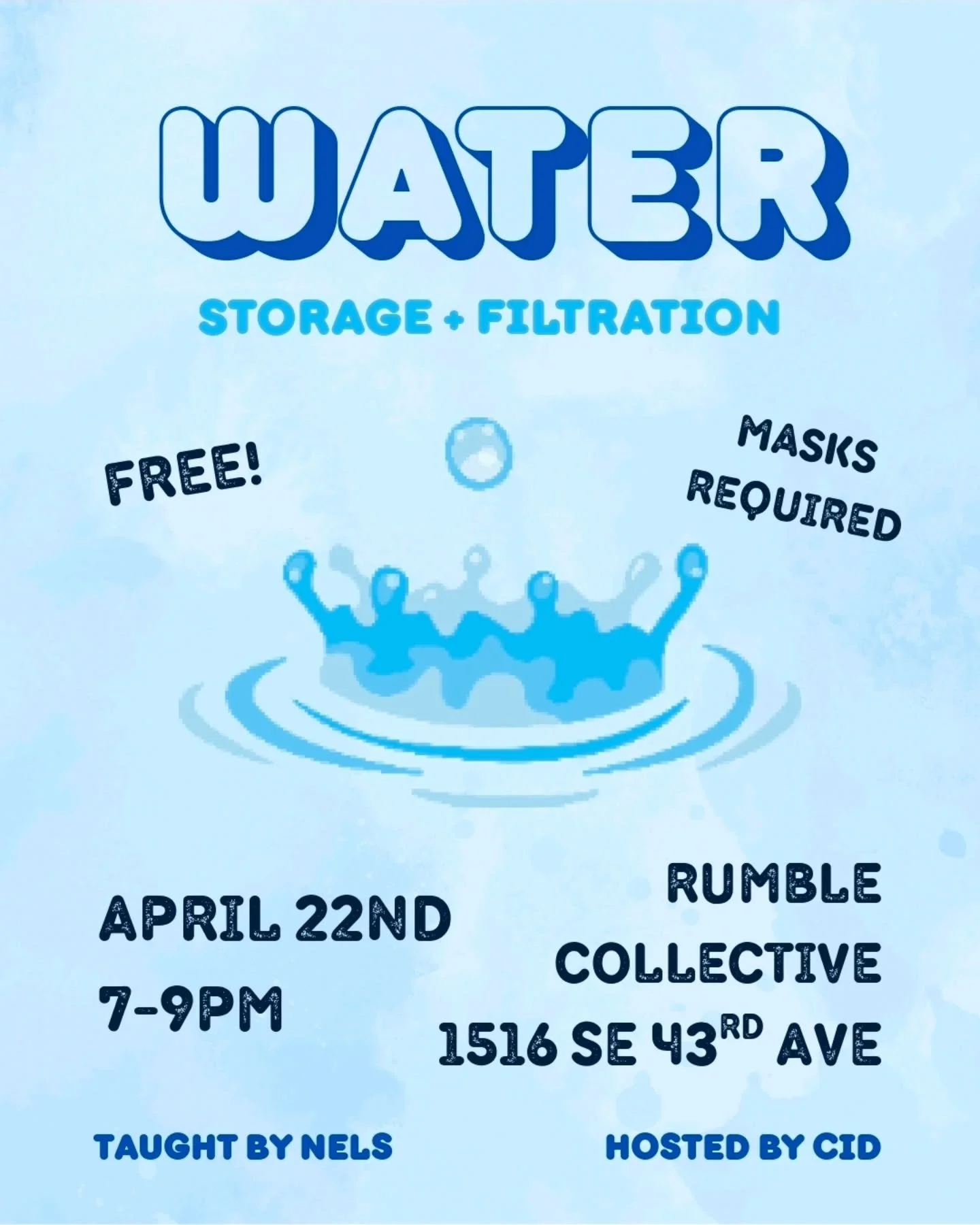 On Wednesday!

Plan and practice your emergency preparedness with us during our Water Storage and Filtration skill share April 22nd, 7-9pm. We'll cover how and how much water to store for an emergency, as well as filtering and&nbsp;sanitizing&nbsp;so
