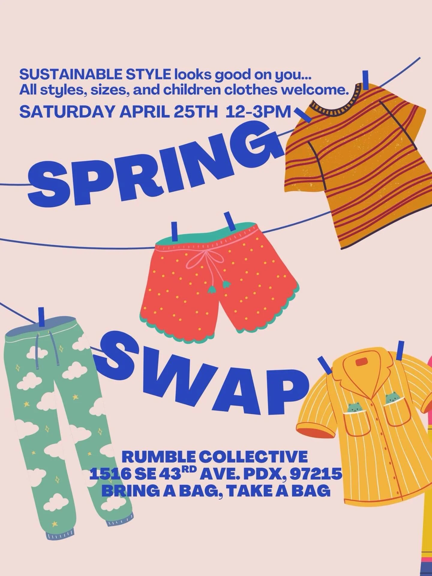 Hey y&rsquo;all! Spring is here, and with it, Rumble&rsquo;s Clothing Exchange is back! Bring a bag, take a bag! Please bring clean, gently used clothes and accessories. We have a lot of threads to get you started that we&rsquo;ve been picking up fro
