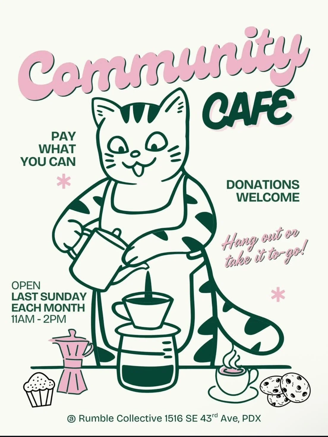 Sunday April 26th 11am-2pm
Every month Rumble transforms into your favorite neighborhood coffee shop for a few hours. Come by for the pastries, cowork, or chat with neighbors and new friends! 

Charlie whips up a huge array of sweets and treats (incl