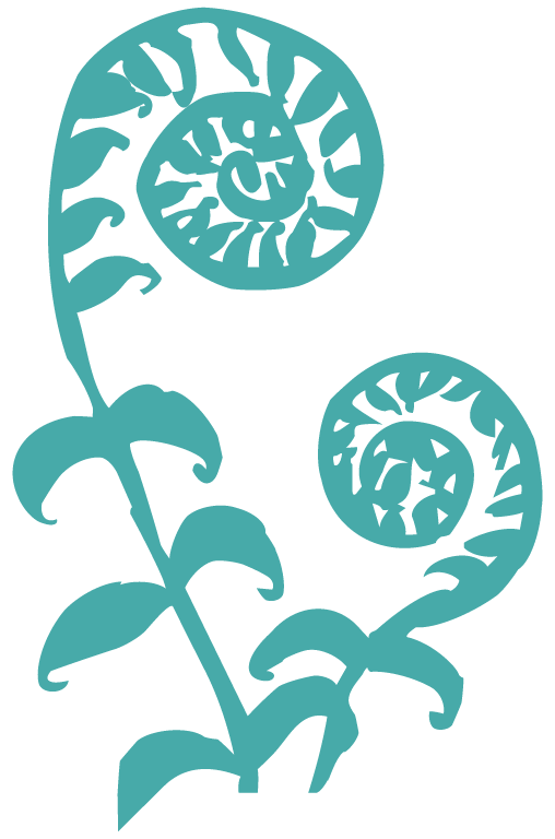 silhouette illustration of fern leaves with curled fronds in teal.