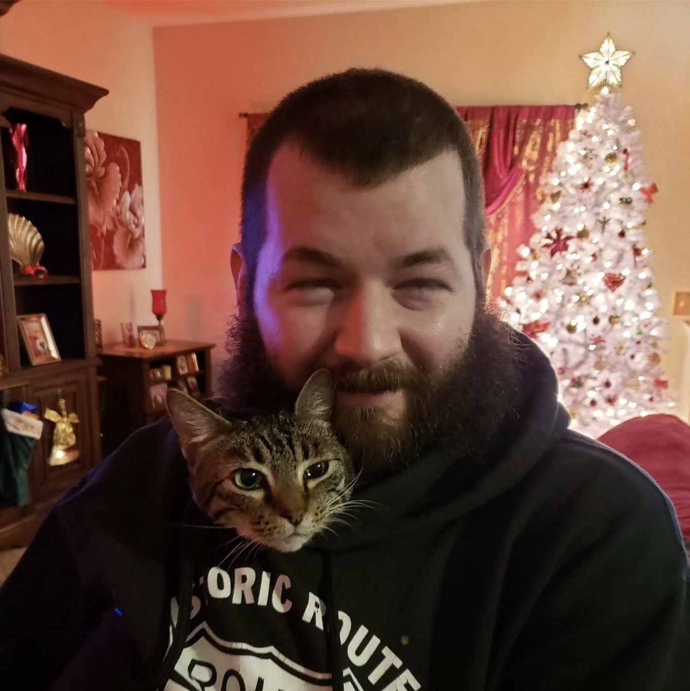 A man with a beard smiling at the camera while holding a tabby cat with green eyes, with a decorated Christmas tree in the background.
