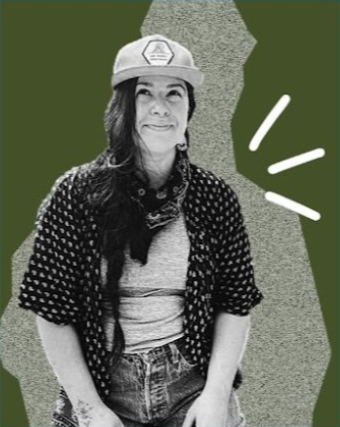 Black and white photo of a woman wearing a baseball cap, dotted shirt, and scarf, smiling, with graphic lines and textured background.