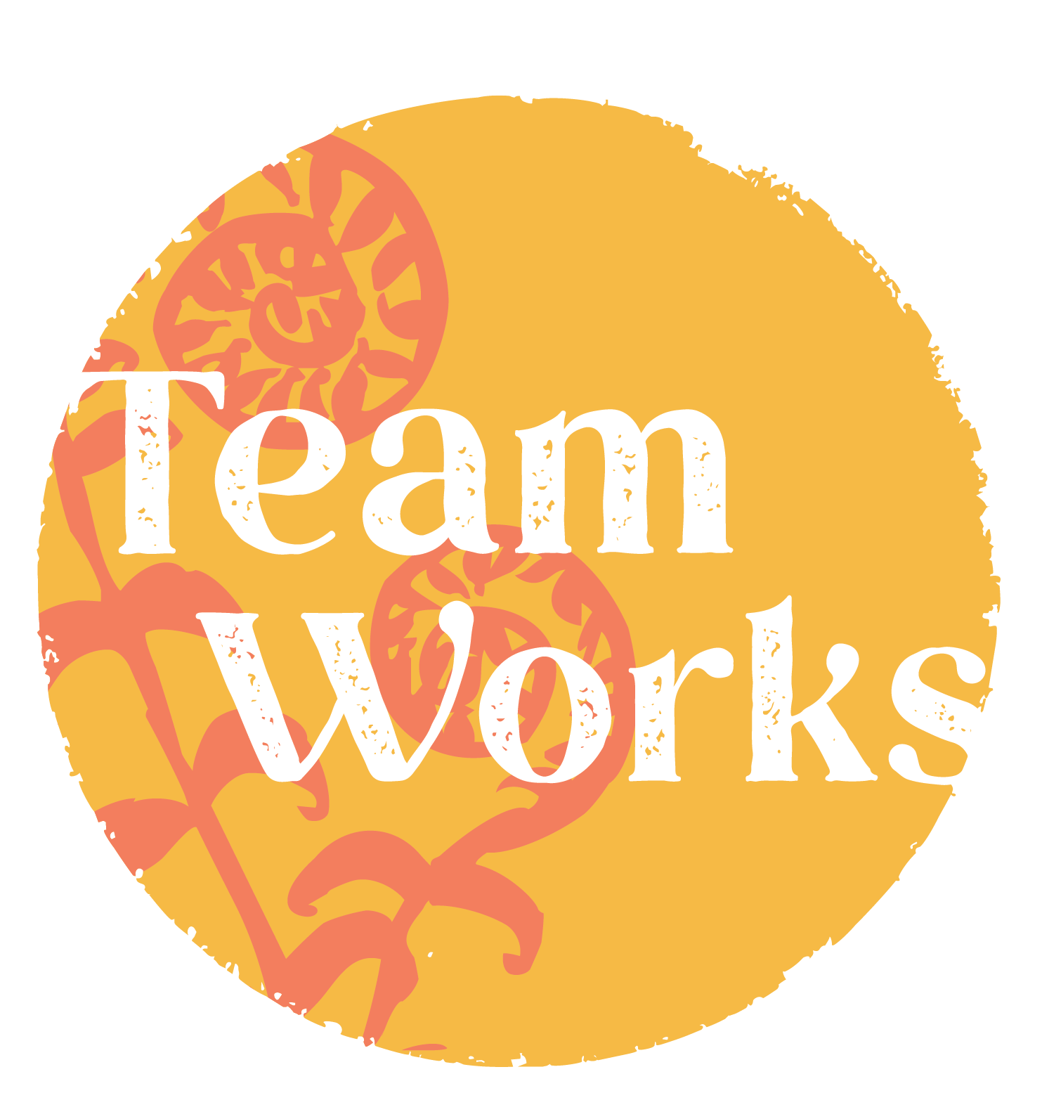 A circular graphic with the text 'Team Works' over a background of orange-colored, stylized world map outlines and globe designs.