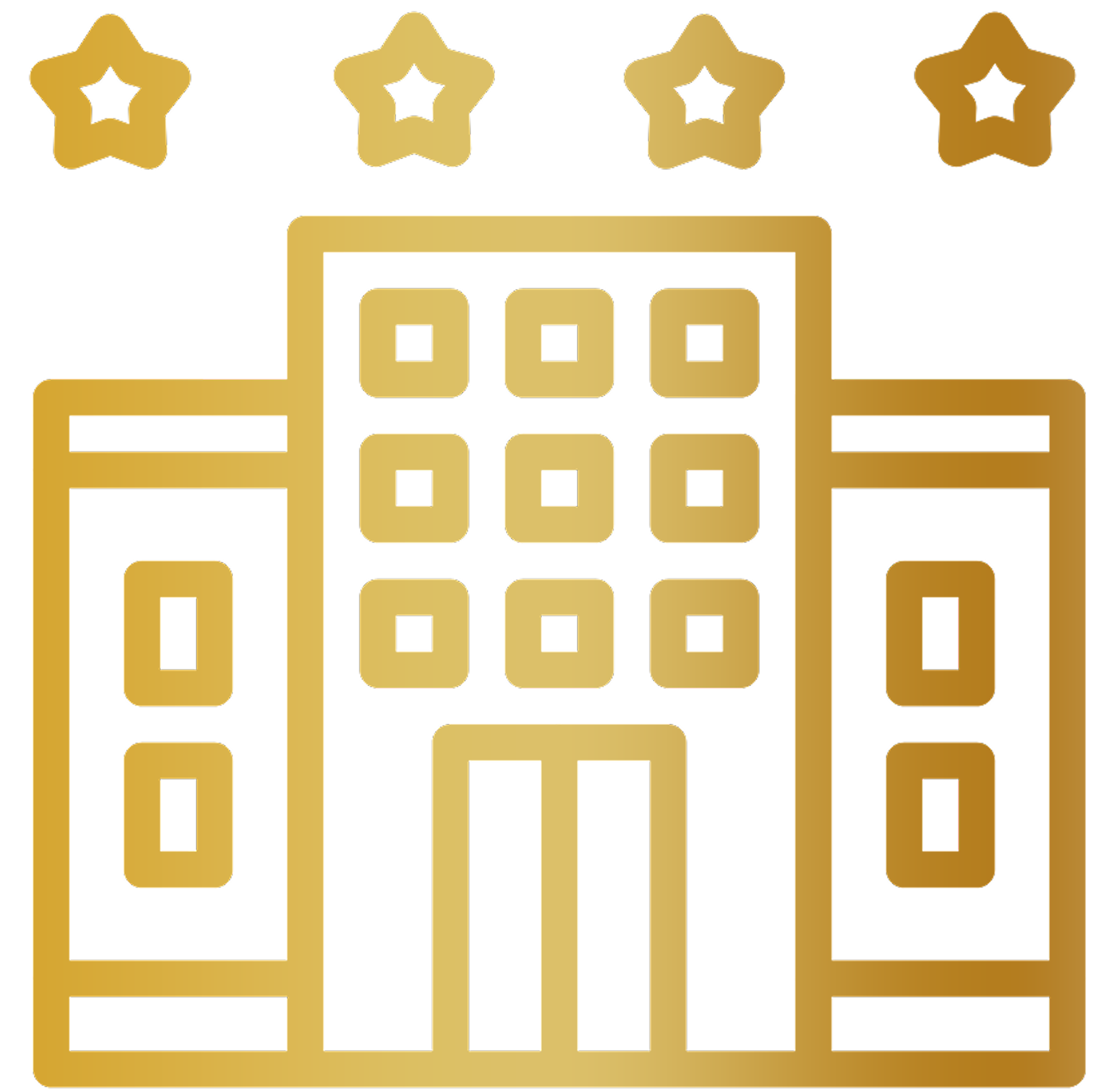 Gold zigzag pattern top border, gold stars at top, with a central building illustration resembling a modern high-rise with multiple windows and door, in a minimalistic line art style.