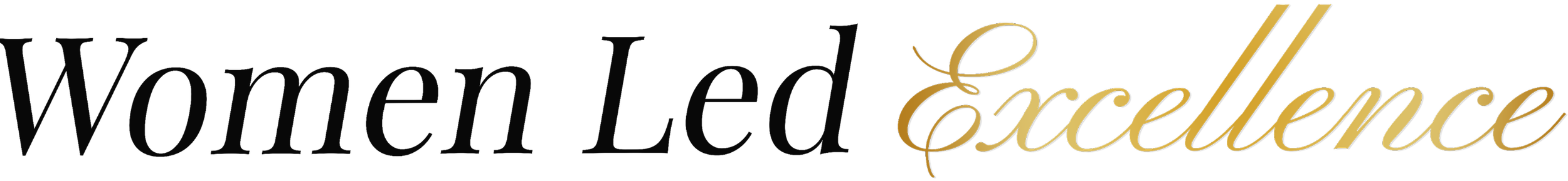 Stylized text reading "Women Led Excellence" in a combination of black and gold fonts.