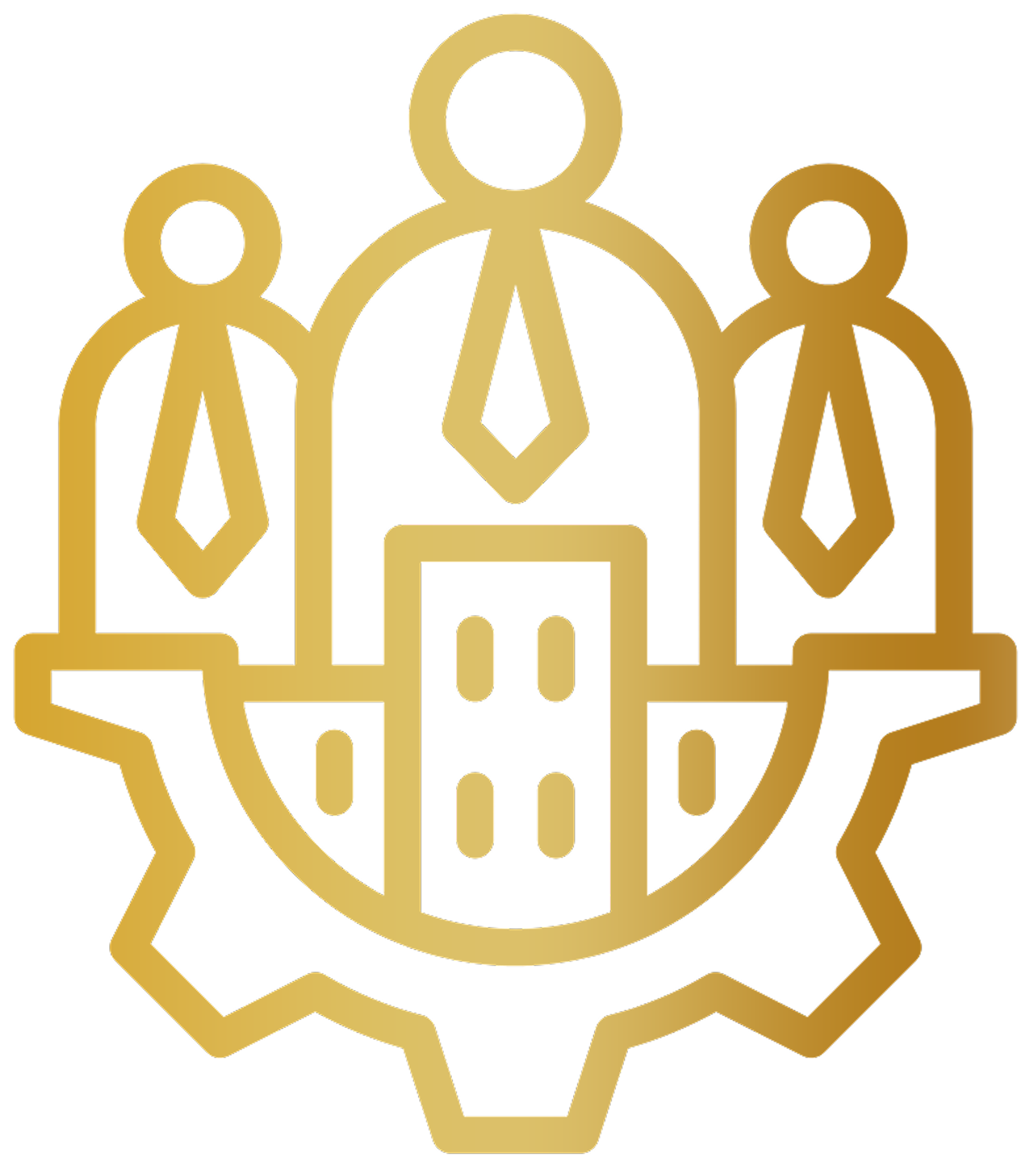 Icon representing teamwork, leadership, and collaboration with three human figures connected around a gear, symbolizing management and organizational processes.