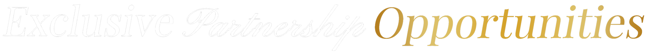 The image displays the words "Exclusive Partnership Opportunities" in various elegant fonts and colors on a black background.