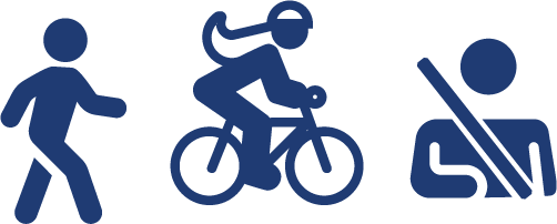 Icons depicting a person walking, riding a bike, and a buckled passenger