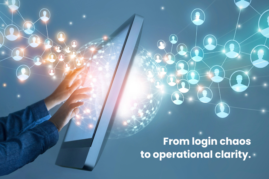 Person using a computer with digital network icons and interconnected user profiles, symbolizing transition from login chaos to operational clarity.