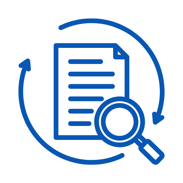 Icon of a document with a magnifying glass, surrounded by circular arrows, symbolizing document review or search.