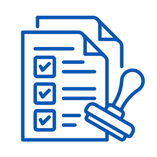 Icon of a checklist with three completed boxes and a rubber stamp.