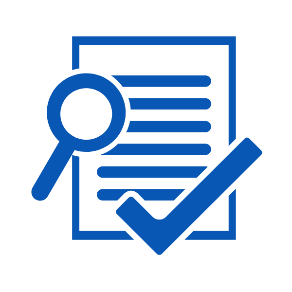 Blue icon of a magnifying glass, a checklist with lines, and a checkmark on a white background.