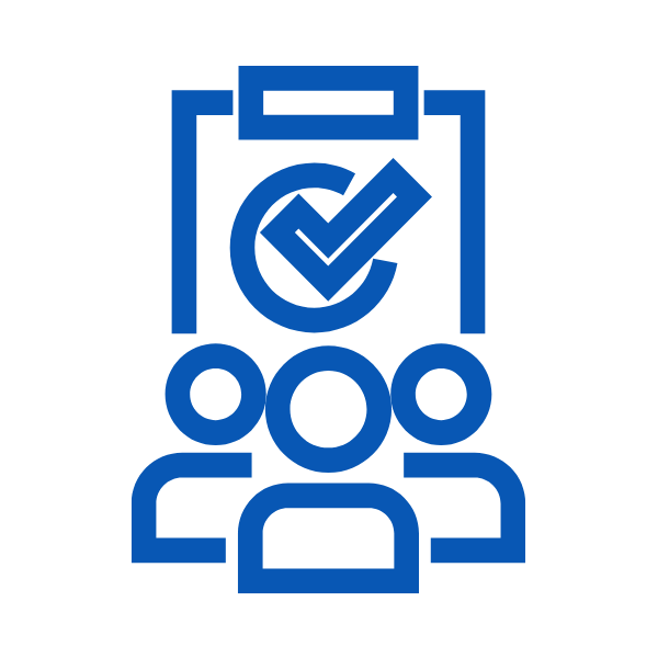 Icon of a clipboard with a checkmark and three people below it, symbolizing team approval or achievement.