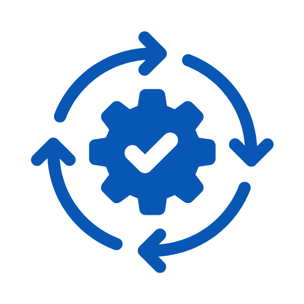 Blue gear icon with a checkmark inside, surrounded by three circular arrows indicating a process or cycle.