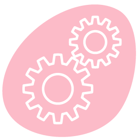Two white gear icons on a pink abstract shape background.
