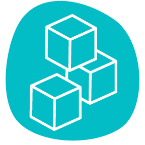 Three white wireframe cubes stacked in a pyramid against a teal background