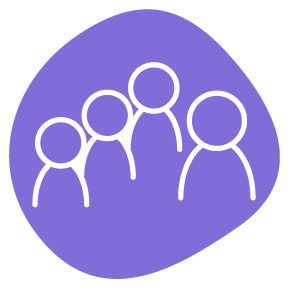 Icon of four white outline human figures on a purple speech bubble background.
