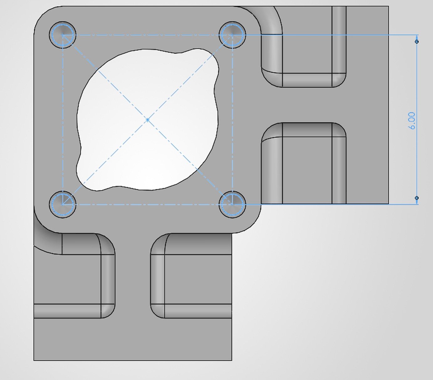 Plan view of the ceiling node in SolidWorks with the four-bolt connection pattern dimensioned