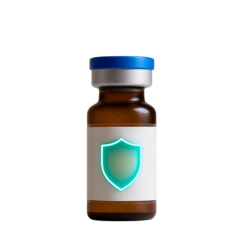 A brown medicine bottle with a silver and blue cap and a white label featuring a glowing shield icon. The background is dark with colorful light streaks.