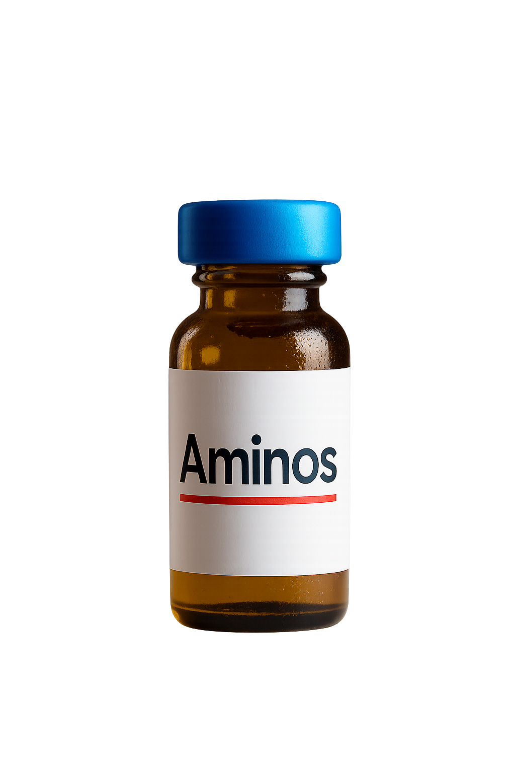 A small amber glass bottle labeled 'Aminos' with a blue cap, set against a colorful, abstract digital background with purple, blue, and red light streaks.