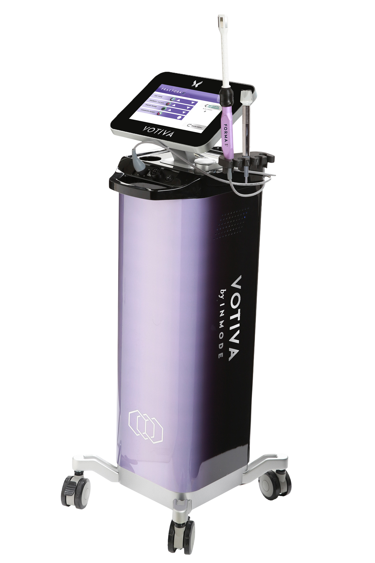 Medical device labeled VOTIVA with a touch screen, attached probes, and a purple and black design on a mobile stand with wheels.