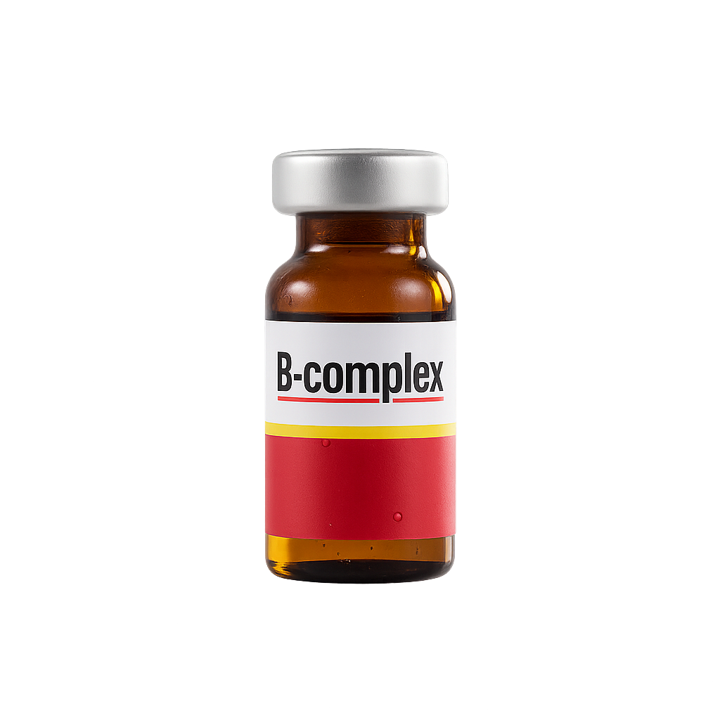 A small brown glass bottle labeled B-complex vitamins with a white cap, set against a background with horizontal stripes in black, white, gray, pink, and red.