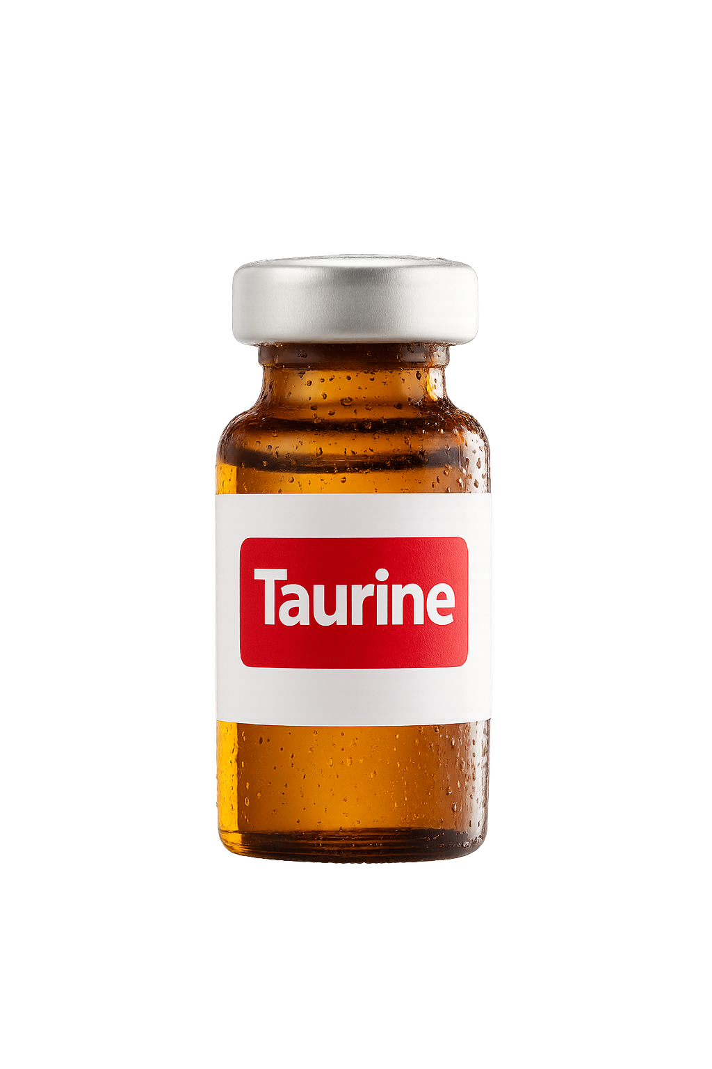 A small amber glass bottle with a white cap, labeled 'Taurine', against a dark background with colorful light streaks.