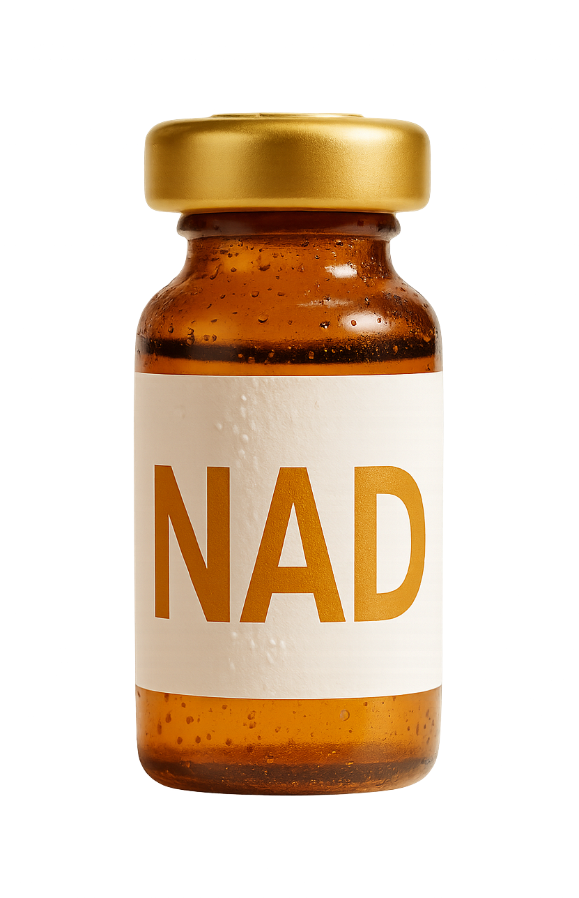 A glass bottle labeled 'NAD' with a gold-colored cap, containing a brown liquid, against a black background.