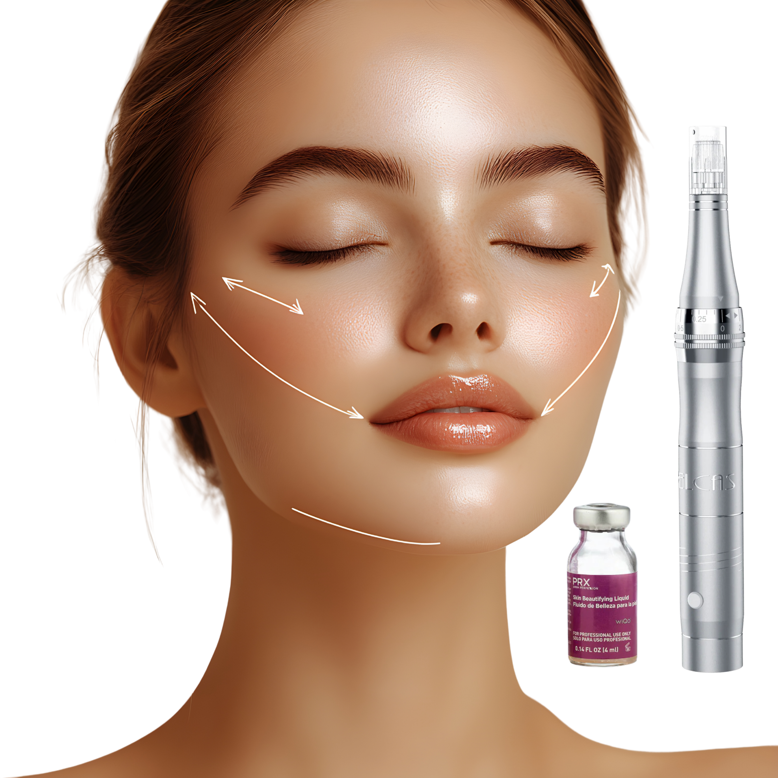 Close-up of a woman's face with closed eyes, soft makeup, and well-groomed eyebrows, surrounded by cosmetic tools and products including a dermal filler syringe, a skin beautifying liquid bottle, and a radio frequency device, with white arrows indicating facial contouring areas.