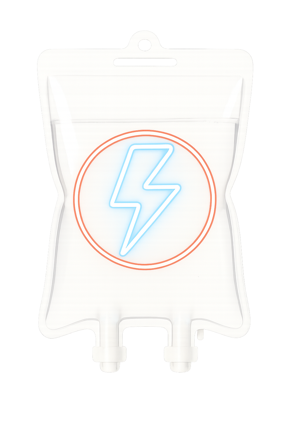 A neon sign of a blue lightning bolt inside a red circle on a white background.