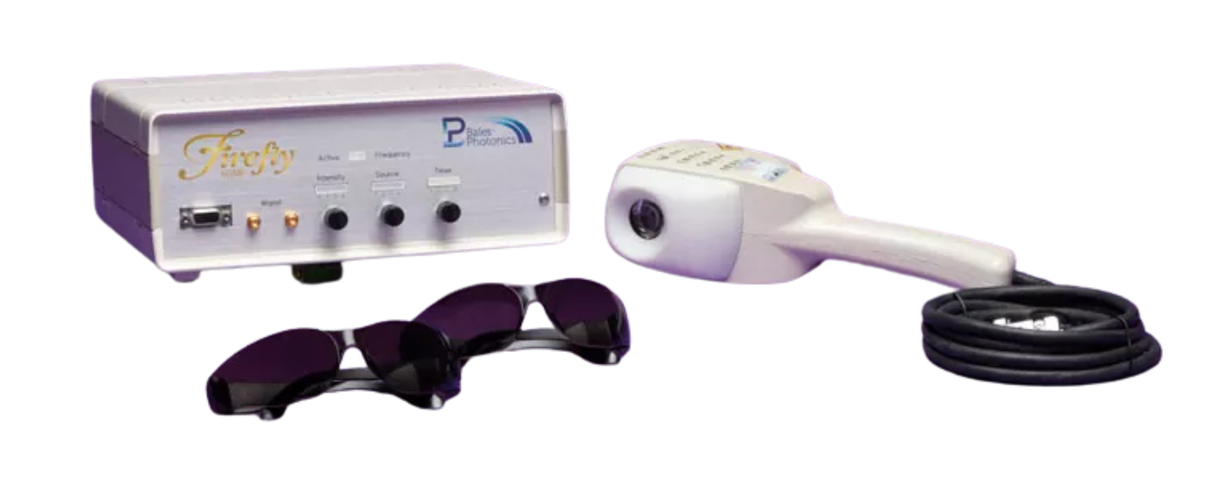 Medical device with a handheld ultrasound probe, a control box, and three dark sunglasses.